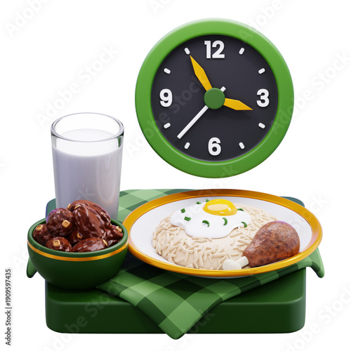 Vibrant 3D Rendered Illustration of a Wholesome Meal with Noodles, Fried Egg, Dates, Milk, and a Clock, Symbolizing Timed Eating and Balanced Nutrition for Morning or Evening