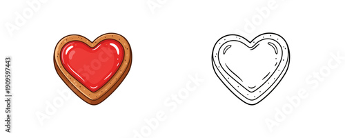 Heart-shaped gingerbread cookie with red jam filling and outline version in cartoon style on white background for valentine day treat and bakery food design