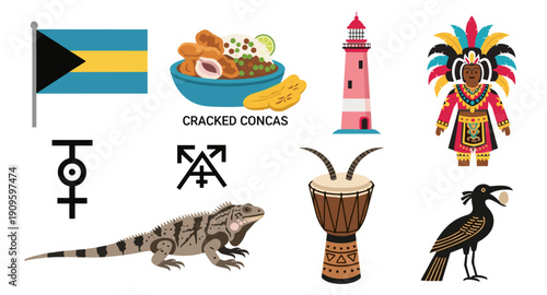 Bahamas cultural icons including flag, food, lighthouse, dancer, iguana, drum, and bird
