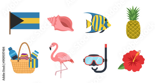 Bahamas vacation icons: flag, pineapple, flamingo, fish, seashell, hibiscus, snorkel