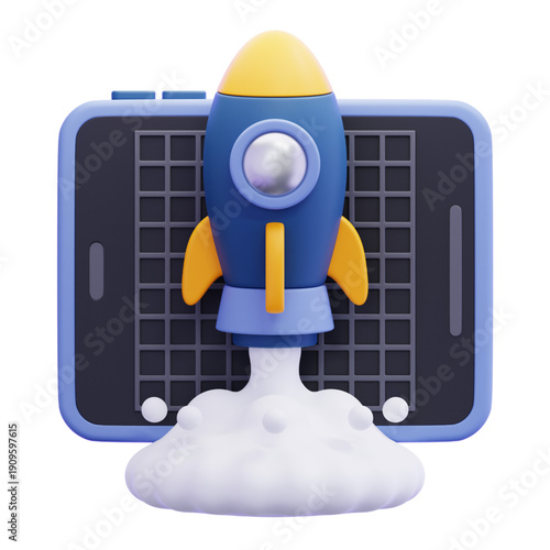 Vibrant 3D illustration depicting a rocket launch in front of a digital tablet, symbolizing rapid startup growth, technological innovation, and secure digital development