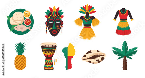 Collection of African cultural symbols and elements, including masks, clothing, and food