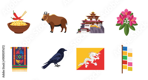 Bhutanese cultural symbols including national animal, flag, and architecture