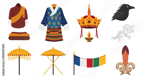 Bhutanese cultural symbols including traditional clothing, crown, and dragon