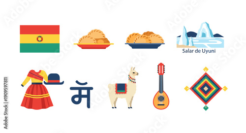 Bolivian cultural symbols including flag, traditional dress, llama, and Salar de Uyuni