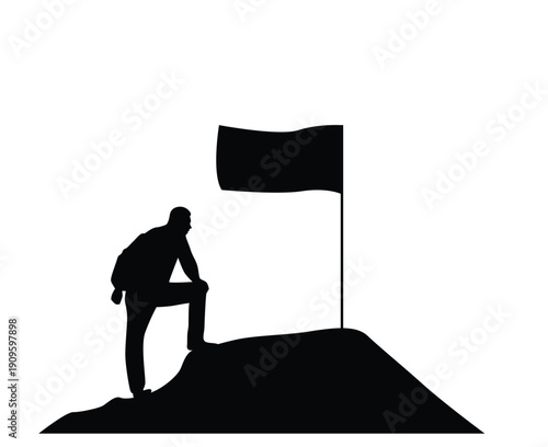 Mountain Climber on Top of a Hill with Flag Silhouette. Sports and recreation, people at outdoor activities
