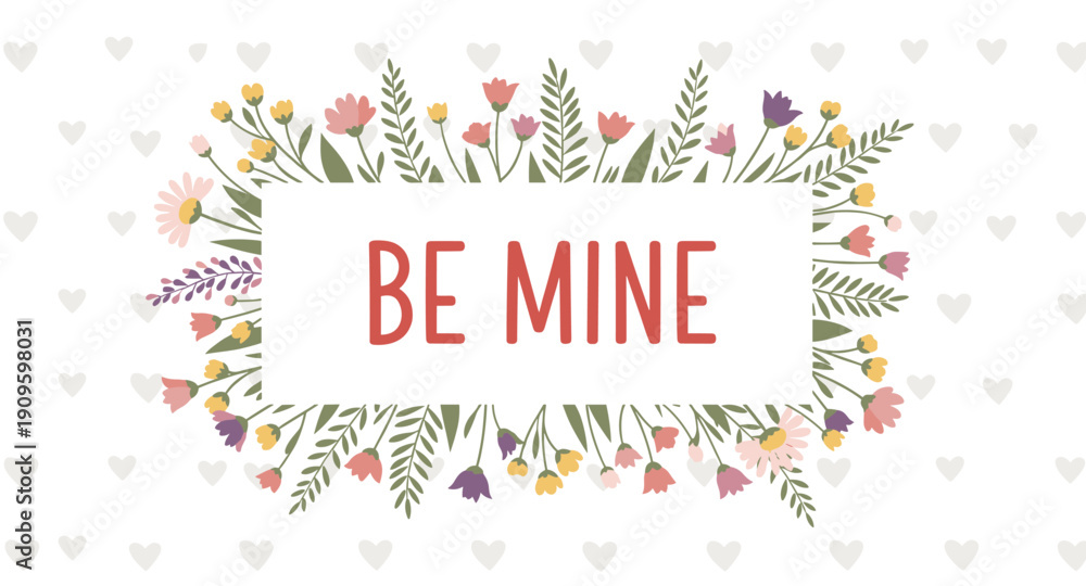 Obraz premium Be Mine text surrounded by a delicate floral border and subtle heart pattern background