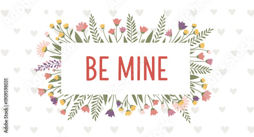 Be Mine text surrounded by a delicate floral border and subtle heart pattern background
