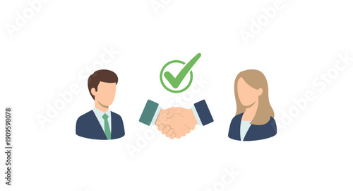 Business partners shaking hands with a checkmark indicating agreement and success