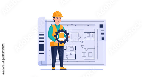 Construction worker holding a gear in front of architectural blueprints, symbolizing planning and engineering