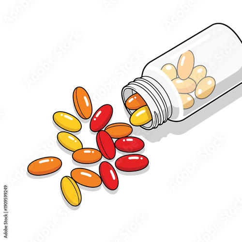 Colorful pills spilling from a bottle on a clean white background, viewed from above