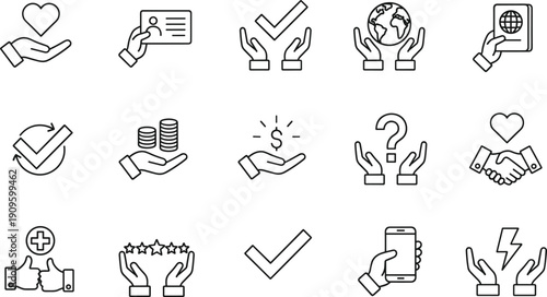 Customer support care and business assistance line icon set with hands holding heart globe money checkmark and smartphone