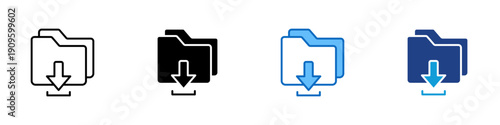 Folder Download Multiple Style Icon Design Vector - Folder with downward arrow representing file download, data storage, and content saving