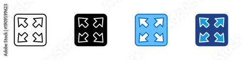 Fullscreen Expand Multiple Style Icon Design Vector - Arrows pointing outward inside square representing fullscreen mode, window expansion, and interface scaling