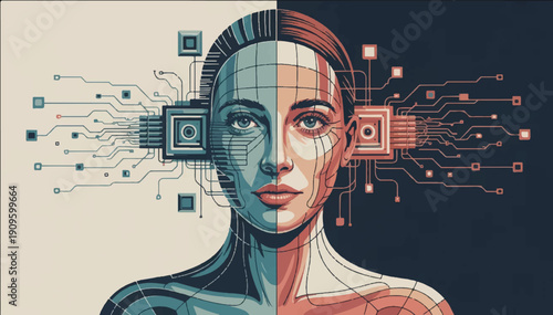 Vector illustration of an abstract portrait of a woman that combines features of human individuality and cybernetic technology.