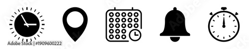Location pin, date time, calendar clock and notification bell icons set. Flat simple illustrations for website, mobile app, UX UI design
