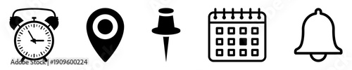 Location pin, date time, calendar clock and notification bell icons set. Flat simple illustrations for website, mobile app, UX UI design