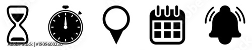 Location pin, date time, calendar clock and notification bell icons set. Flat simple illustrations for website, mobile app, UX UI design