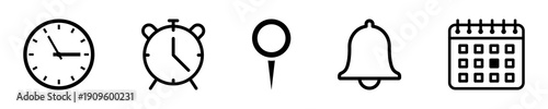 Location pin, date time, calendar clock and notification bell icons set. Flat simple illustrations for website, mobile app, UX UI design