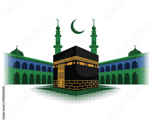Kaaba in mecca, grand mosque with minarets, islamic pilgrimage hajj umrah, muslim holy site, crescent moon symbol