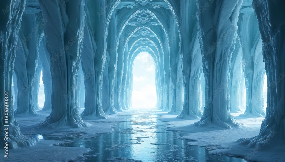Obraz premium Ice palace corridor with arches leads to bright light. Frozen tunnel with ice pillars and icy floor. Winter fantasy architecture interior with deep perspective and light.