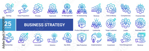 Business Strategy icon pack featuring professional icons focused on planning, leadership, teamwork, innovation, finance, and operational processes. Ideal for corporate projects, startups, presentation