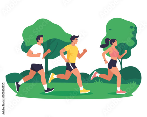 People running in park for healthy lifestyle concept with diverse characters jogging outdoors for exercise fitness cardio and sports activities