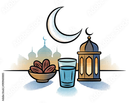 ramadan iftar spread with dates glass of water arabic lantern and mosque silhouette under crescent moon traditional islamic breaking fast