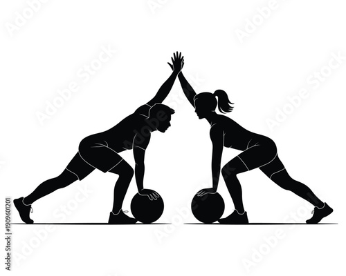 Silhouette of man and woman doing fitness exercises with medicine ball in gym workout together high five gesture isolated on white background