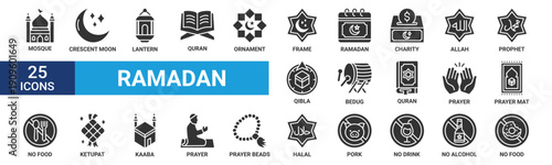Ramadan icon set. Containing mosque, ramadan, charity, qibla, bedug, quran, prayer, ketupat and more. Glyph vector icons collection.