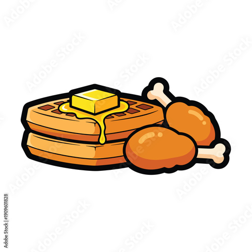 Pancakes and chicken legs with melting butter on top, served together on a clean white surface, viewed from directly above