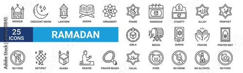 Ramadan icon set. Containing mosque, ramadan, charity, qibla, bedug, quran, prayer, ketupat and more. Line vector icons collection.