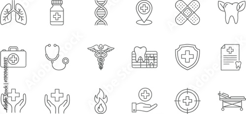 Healthcare and medical line icon set with hospital stethoscope DNA shield vector illustration collection