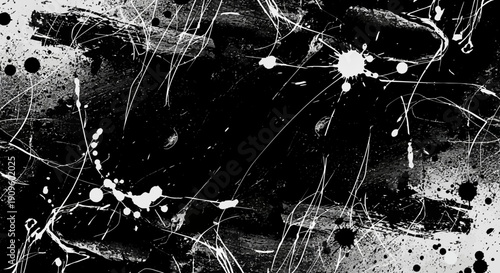 Dynamic black and white abstract art with paint splatters and scratches