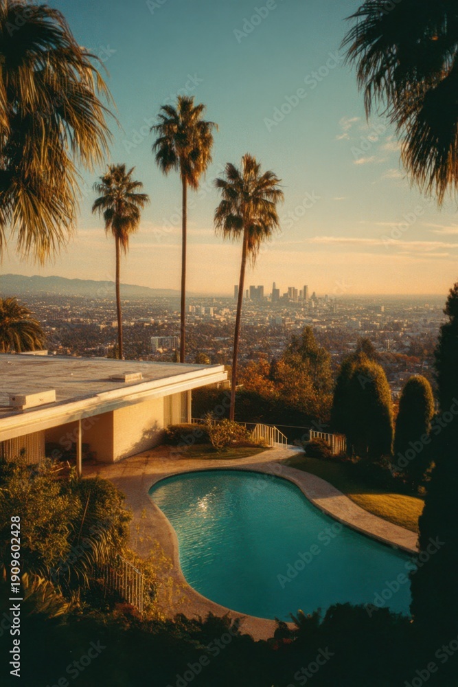 Fototapeta premium Sunny day with a clear view of Los Angeles skyline from a house with a swimming pool surrounded by palm trees in the afternoon