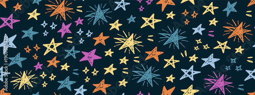 Seamless pattern with hand drawn colorful stars on dark background. Playful doodle style illustration with sketchy starbursts in blue, yellow, orange and purple tones.