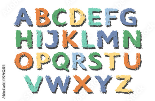 Colorful hand drawn alphabet set with textured brush letters from A to Z. Bold artistic typography in playful style, perfect for kids design, posters, prints and branding projects.