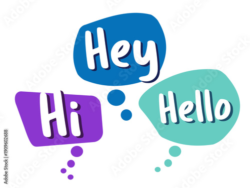 Hand drawn speech bubble. Set with text (Hand, hello, hi). Speech bubble colorful set in flat design. Vector illustration