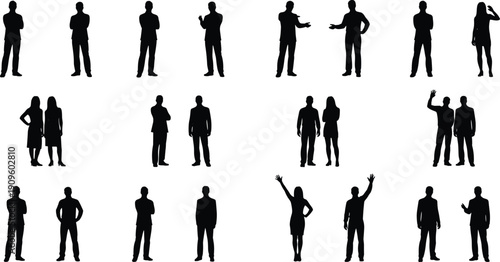 Group people silhouette collection, diverse human poses vector, standing and gesturing figures, abstract body language design, inclusive illustration set