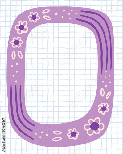 Cute violet floral vector frame for graphic designs for babies and kids, oval border illustration with flowers for girls