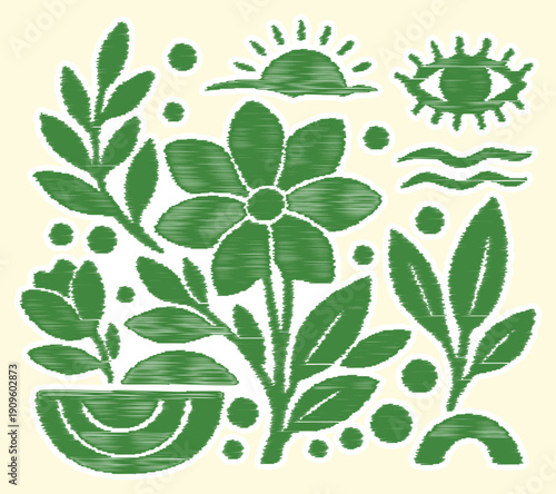 Eco-Friendly Green Scribble Floral Graphics: Hand-Drawn Abstract Botanical & Mystical Nature Clipart
