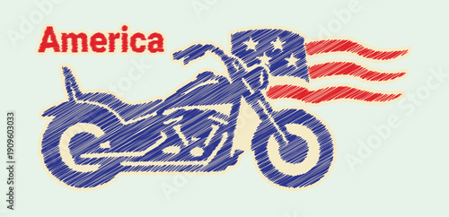 Patriotic American Flag Scribble Motorcycle Art - Minimalist Hand-Drawn Cruiser Design for Bikers