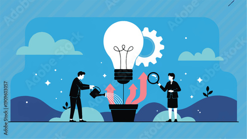 A flat design illustration of a business idea growth concept against a light blue background with diagonal striped texture (1)_traced