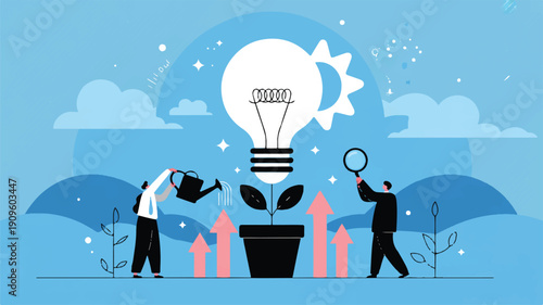 A flat design illustration of a business idea growth concept against a light blue background with diagonal striped texture (4)_traced