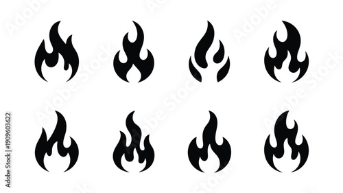 Eight black flame silhouettes arranged on a plain white background