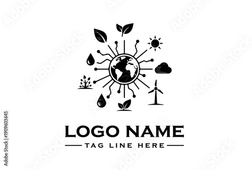Black and white logo design featuring a stylized sun with earth surrounded by eco-friendly symbols on a white background.