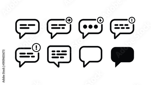 Collection of black and white communication icons featuring speech bubbles and notifications