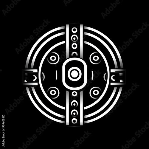 Circular black and white logo design.