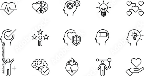 Mental health and wellbeing line icon set with brain heart shield vector illustration collection
