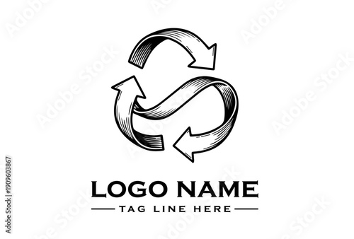 Black and white logo design featuring a circular arrow symbol with a tagline on a clean white background.